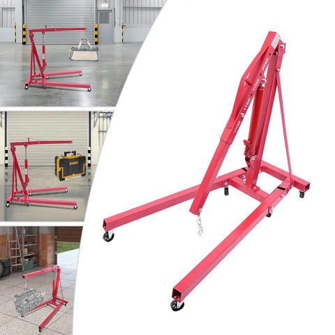 Premium Heavy Duty 1 Ton Folding Hydraulic Engine Hoist Shop Crane With Wheels, robust red steel lift for auto shops and garages.