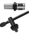 Rock Solid Heavy Duty Magnetic Drill Chuck With 5/8 Inch Capacity And 3/4 Inch Weldon Shank Adapter showing key type grip and adapter.