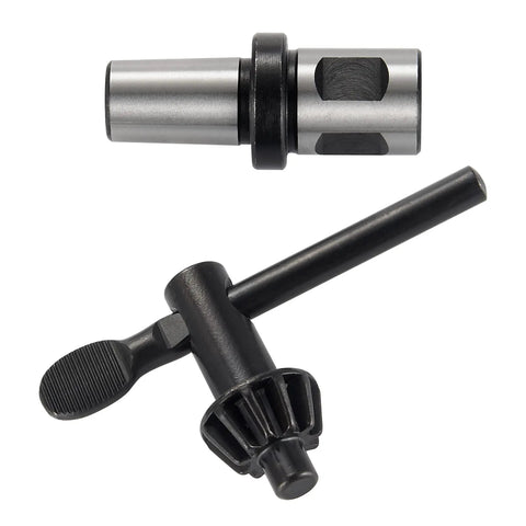 Rock Solid Heavy Duty Magnetic Drill Chuck With 5/8 Inch Capacity And 3/4 Inch Weldon Shank Adapter showing key type grip and adapter.