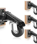 Badass Heavy Duty Workbench Casters Set Of Four With Smooth As Butter Urethane Wheels and Quick Side Mount Plates for Adjustable Step Down Table Setup and Rock Solid Industrial Grade Mobility mounted on wooden block.