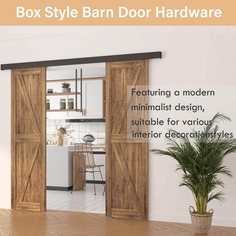 7 Foot Double Sliding Barn Door Hardware Kit With Low Clearance Aluminum Box Rail, Quiet Glide Silent Track For Wooden Double Barn Doors, Black Finish installed.