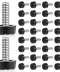 Forty Piece Heavy Duty M6 Thread Adjustable Furniture Levelers And Screw In Feet with black ABS tops and stainless steel studs.