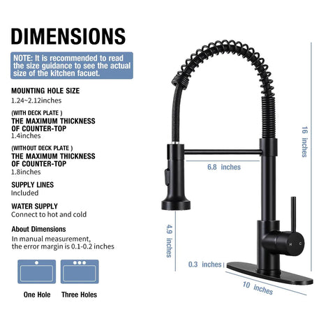 Kitchen Faucets With Pull Down Sprayer Single Handle Fit 1 Or 3 Hole Deck Plate Setup Farmhouse Style Spring Sink Faucet For RV Vessel Basin Matte Black Finish Easy DIY Install Hoses Included