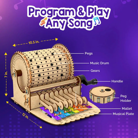 DIY Music Machine Kit For Kids Ages 8 To 14 A Fun Kid Approved Hands On Build It Yourself Musical Toy That Plays Melodies Includes Step By Step Guide Easy To Assemble And Great For Boys And Girls For Hours Of Creative Play. Wooden music machine kit with drum, gears, pegs, handle, and rainbow musical plate, 12 in. wide.