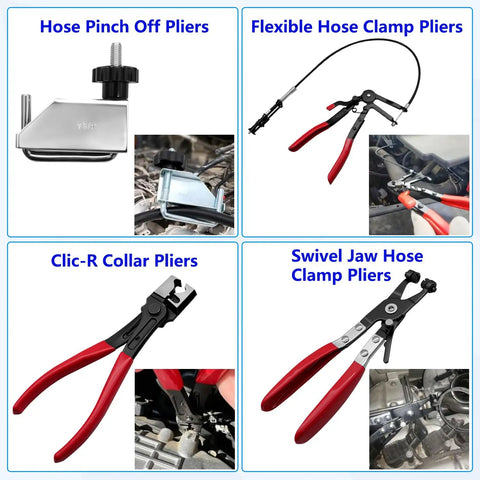 Pro Grade 16 Piece Hose Clamp Pliers Set with long reach flexible wire, electrical disconnect pliers, hose maintenance tools.