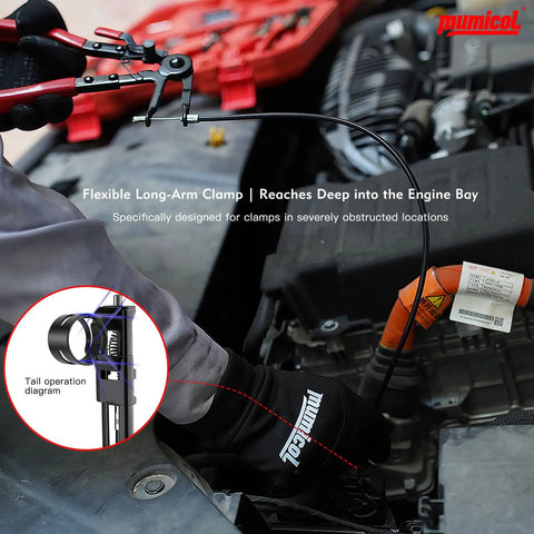 Mechanic using 9 Piece Hose Clamp Pliers Set Heavy Duty Pro Grade Locking Long Reach Tools for automotive work