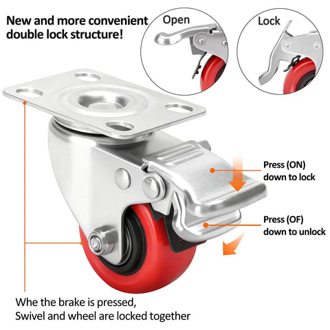 2 Inch Heavy Duty Swivel Caster Wheel with a double lock structure, showcasing locking mechanism and red polyurethane tread.