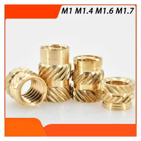 M1.4 size hot melt brass insert nuts with secure knurled threads, ideal for DIY projects and small parts assembly.