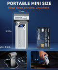 Pro Grade Cordless Air Duster With LED Light And 160,000 RPM Turbo Motor next to credit card and dimensions displayed