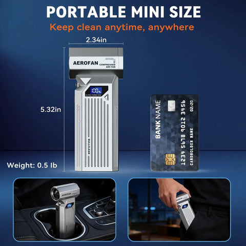 Pro Grade Cordless Air Duster With LED Light And 160,000 RPM Turbo Motor next to credit card and dimensions displayed