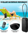 Portable Waterproof Security Lock Box With Combination Lock attached to beach chair, showcasing poolside use.