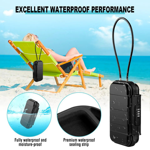 Portable Waterproof Security Lock Box With Combination Lock attached to beach chair, showcasing poolside use.