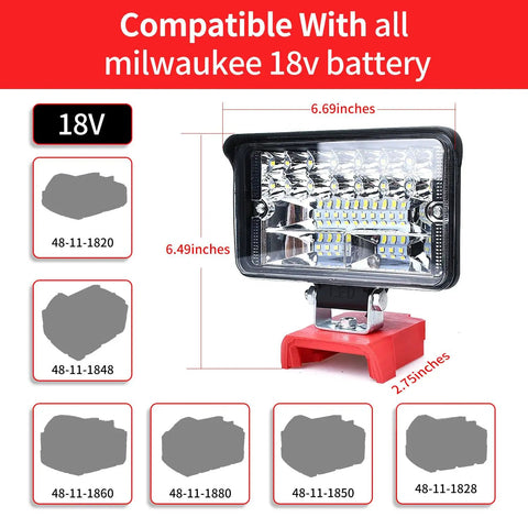 Cordless LED Work Light For Milwaukee M18 Batteries, 80W 6000LM Portable Job Site Light dimensions and compatibility