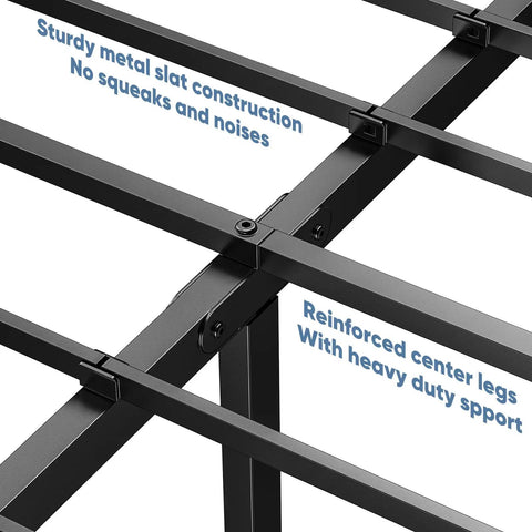 Close-up of sturdy metal slat construction for Sleek Queen Platform Bed Frame, 16 Inch High Heavy Duty Sleep Base With Zero Squeak Support.