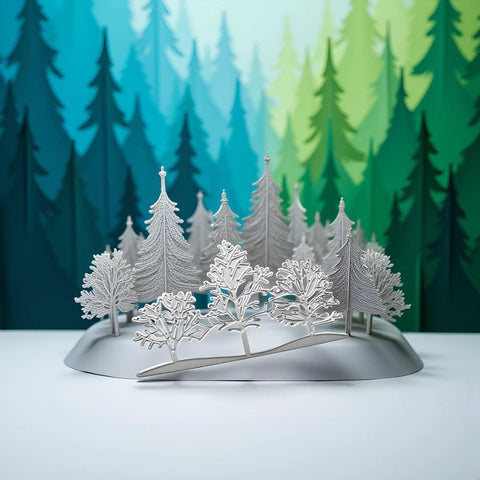 Silver Tree Metal Die Cuts Set For Card Making And Scrapbooking, forest theme cutting dies on a blue and green background