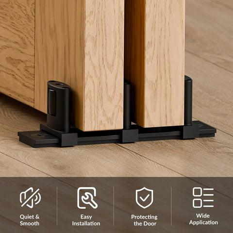 Image of Three Roller Adjustable Floor Guide for siding closet doors and bypass sliding doors, aluminum, black finish installed on wooden floor.