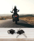 Electric Bike Battery Lock And Key Kit displayed on table with scenic road and rider in background, silver metal lock