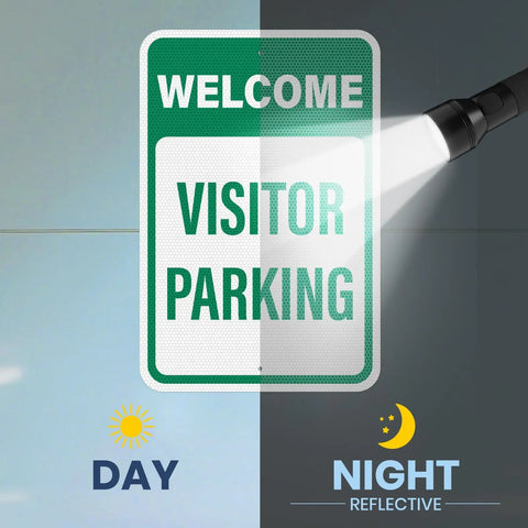 Reflective aluminum 'WELCOME VISITOR PARKING' sign showing day and night visibility with flashlight. Two Pack Welcome Visitor Parking Sign 18 By 12 Inches Reflective Aluminum Weatherproof Built Tough Safety Sign With Pre Drilled Holes For Home Office Yard Driveway Parking.