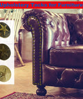 Hardcore Upholstery Tacks And Furniture Nails 100 Pack Heavy Duty Decorative Hardware Big Time Upgrade For DIY Restorations Solid Antique Brass used on a leather sofa.