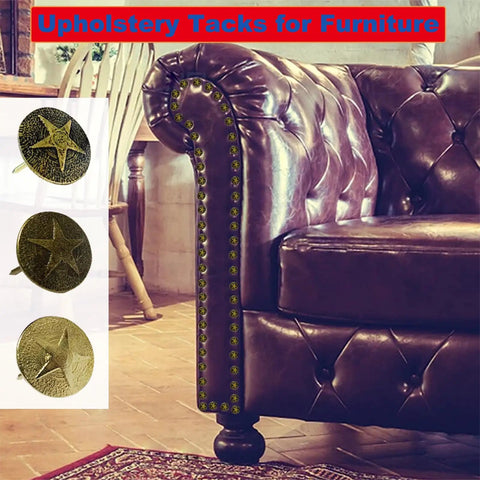 Hardcore Upholstery Tacks And Furniture Nails 100 Pack Heavy Duty Decorative Hardware Big Time Upgrade For DIY Restorations Solid Antique Brass used on a leather sofa.