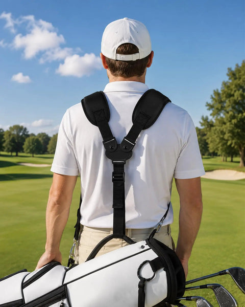 Premium Swivel Golf Bag Strap Replacement shown on a golfer's back, providing dual shoulder support and comfort on the course.