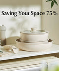 Ceramic Nonstick Pots And Pans Set With Detachable Handles, Space Saving 5 Piece RV Cookware stacked on a kitchen shelf.