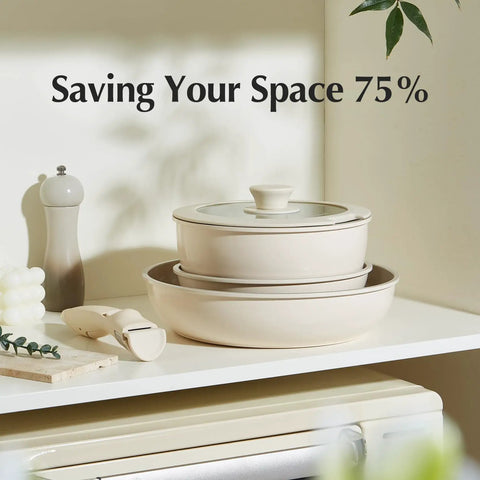 Ceramic Nonstick Pots And Pans Set With Detachable Handles, Space Saving 5 Piece RV Cookware stacked on a kitchen shelf.