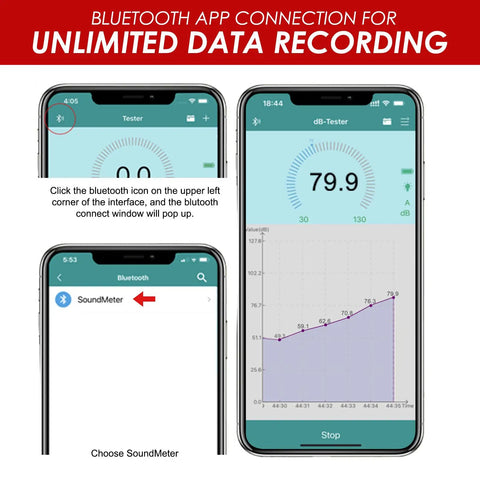 Wireless Sound Level Meter With App Data Logging Bluetooth, Portable Decibel Meter 30 To 130 dBA, High Accuracy SPL Reader For Classroom Office Home, Super Easy Smartphone Sync, Stores Up To 20,000 Readings. Bluetooth app screens on smartphone