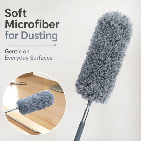All In One 2 Pack Microfiber Feather Duster Set With Extendable Pole close-up showing soft fibers for dusting surfaces