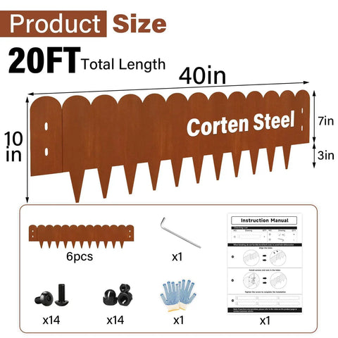 Diagram of Cor Ten Steel Landscape Edging Kit 20 Ft with 40-inch panels, screws, gloves, and manual displayed.