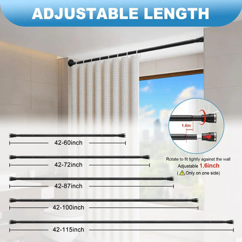 Heavy Duty Adjustable Tension Curtain Rod 42 To 115 Inches Black Shower Rod For Bathroom Closet And Window Install With Anti Slip Pads And Easy Twist Knob