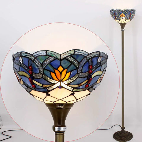 Blue Lotus Tiffany Floor Lamp With Stained Glass Shade 12 Inch Wide 71 Inch Tall Torchiere Standing Corner Uplight Go-To Living Room And Bedroom Decor Antique Bronze Base UL Listed And LED Ready.
