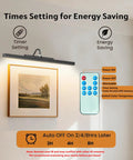 Wireless Rechargeable Picture Light Black 24 Inch Wall Sconce with Remote and Timer above framed art showing timer settings.