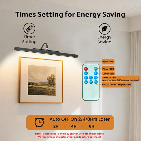 Wireless Rechargeable Picture Light Black 24 Inch Wall Sconce with Remote and Timer above framed art showing timer settings.