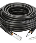 Heavy Hitter Air Compressor Hose Three Eighth By Fifty Feet Hybrid Line With Snappy Quick Couplers and Smog Test Plugs coiled and ready for use.