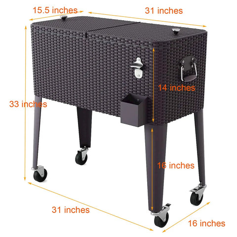 80 Quart Rattan Rolling Cooler Cart For Outdoor Patio Parties On Wheels With Brown Wicker Finish Keeps Drinks Cold For Up To 36 Hours