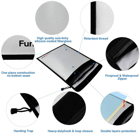 Fireproof Waterproof Money And Document Bag 3 Pack Safe Pouch with silicone coated fiberglass and zipper details shown