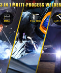 HIZONE 3 In 1 MIG Welder With 135 Amps Output Supports Gasless Mig Stick And Lift Tig For Steel Projects Up To 5/32 Inch Thickness Using Flux Core Wire Perfect For DIY And Pro Fab Jobs showing MMA, Flux MIG, and Lift TIG processes.