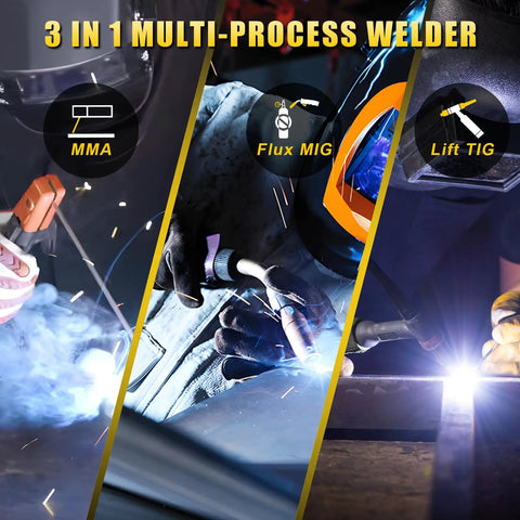 HIZONE 3 In 1 MIG Welder With 135 Amps Output Supports Gasless Mig Stick And Lift Tig For Steel Projects Up To 5/32 Inch Thickness Using Flux Core Wire Perfect For DIY And Pro Fab Jobs showing MMA, Flux MIG, and Lift TIG processes.