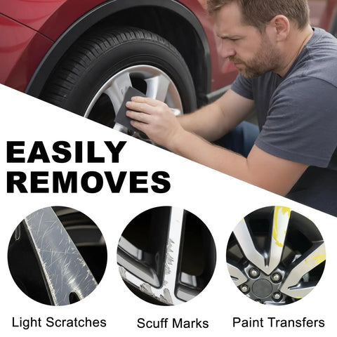Man using Top Shelf Gloss Silver Wheel Scratch Repair Kit on alloy rim to remove light scratches and scuff marks.