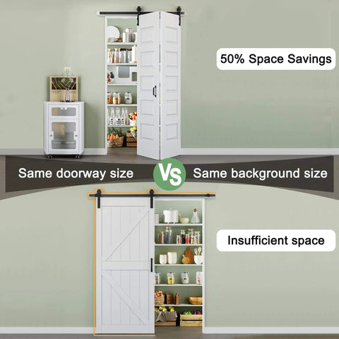 Comparison showing 128 By 84 Inch Pre Assembled Bifold Barn Door With Five Lite Bi Fold Sliding Closet Doors And Hardware Kit Included.