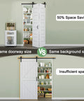Comparison image showing Ninety Six Inch By Eighty Four Inch Five Panel Folding Barn Door Kit With One Zero Four Inch Heavy Duty Rail Assembly for space efficiency.
