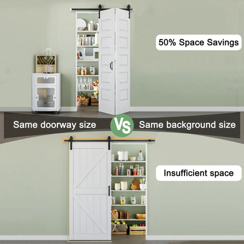 Comparison image showing Ninety Six Inch By Eighty Four Inch Five Panel Folding Barn Door Kit With One Zero Four Inch Heavy Duty Rail Assembly for space efficiency.
