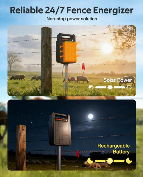 Portable Solar Powered Fence Energizer Delivers 0.20J Output And 8KV For Up To 10 Miles Of Fence Protection Perfect For Livestock Chickens And Gardens With A 10400mAh Rechargeable Battery And Auto Day Night showing day and night operation.