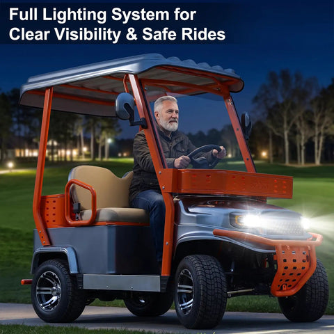 Heavy Duty Electric Golf Cart For Adults With 1800W Motor And 60V Battery Featuring Fixed Canopy Weather Guard Cruisin Smooth At 24 Mph Across 35 Mile Range Built Boss Tough For Park Or Hotel Shuttle Runs, equipped with full lighting system.