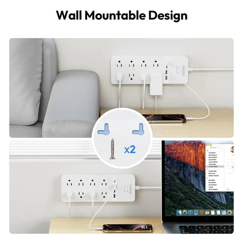 Wall-mounted 25 Ft Heavy Duty Extension Cord With Flat Plug And 8 Outlet Surge Protector USB Ports 1080 Joules 15A Circuit Breaker White
