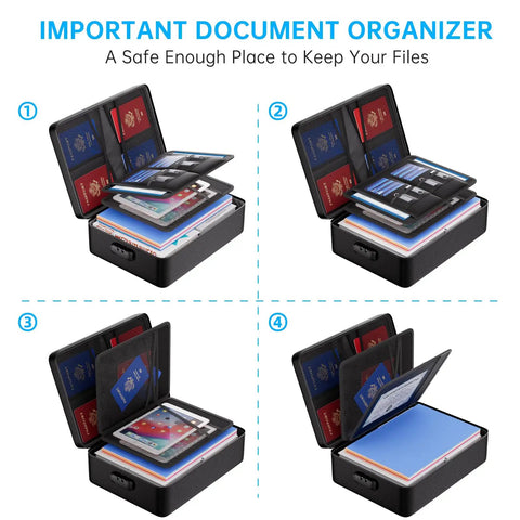 Open Fireproof Lockable Document Organizer Bag with Five Layer Fireproof and Waterproof Protection for passports and documents