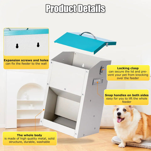 No Sweat Automatic Dog And Cat Feeder With 14 Liter Gravity Stand showcasing locking clasp and durable metal design for secure food storage.