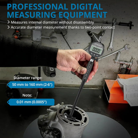 Digital Dial Bore Gauge Set 50-160mm (2-6 In) With 0.01mm Resolution, 12 Anvils, measuring cylinder in workshop