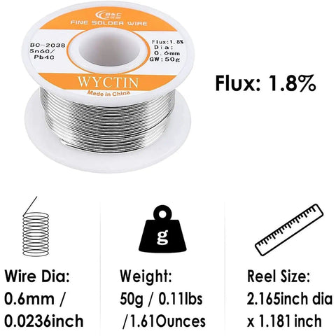 60-40 Tin Lead Rosin Core Solder Wire For Electrical Soldering And DIY Projects 0.6mm Diameter 0.11lbs Spool with specs